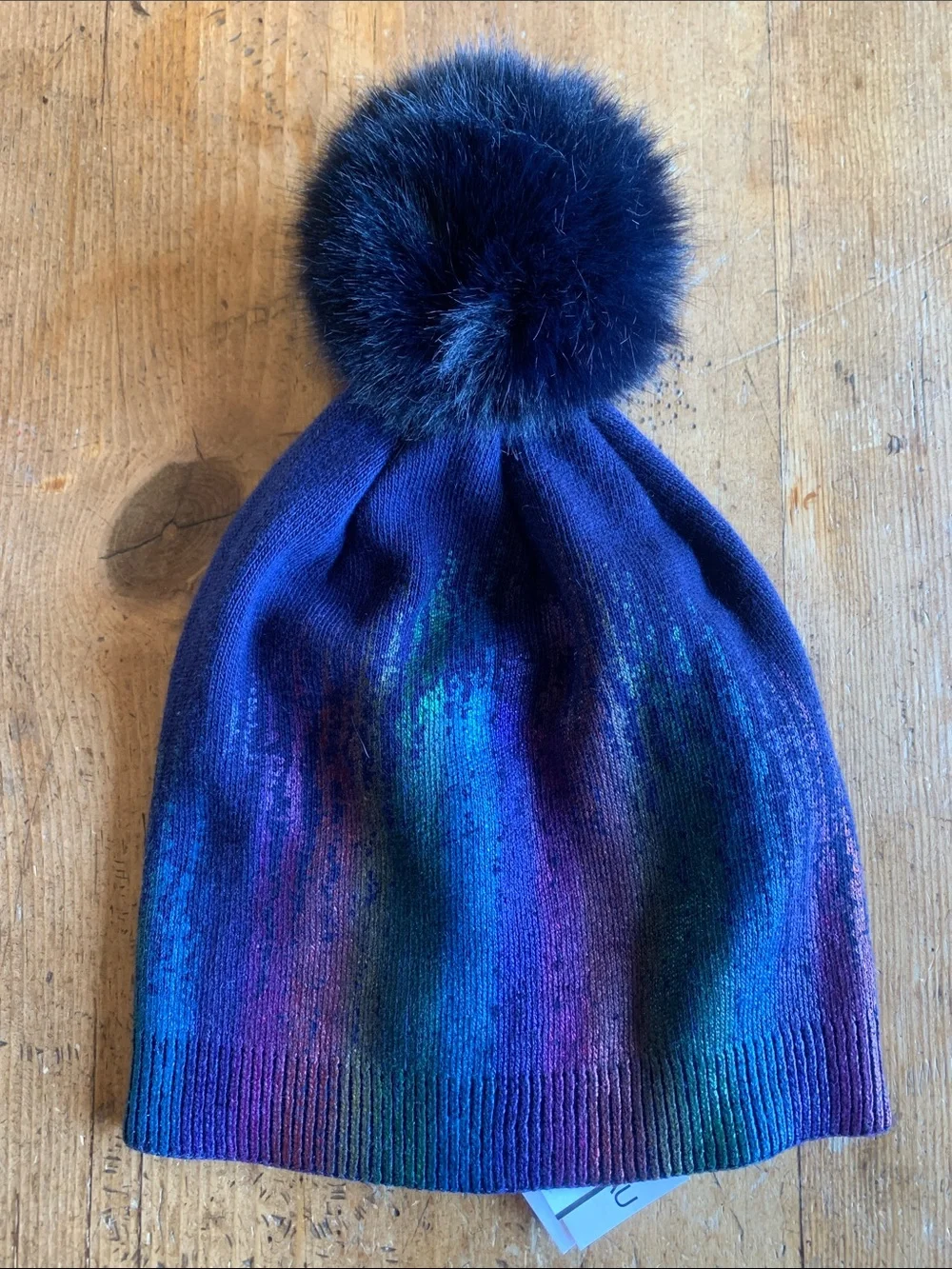 Adrienne Landau Womens Iridescent Navy Beanie with Pom